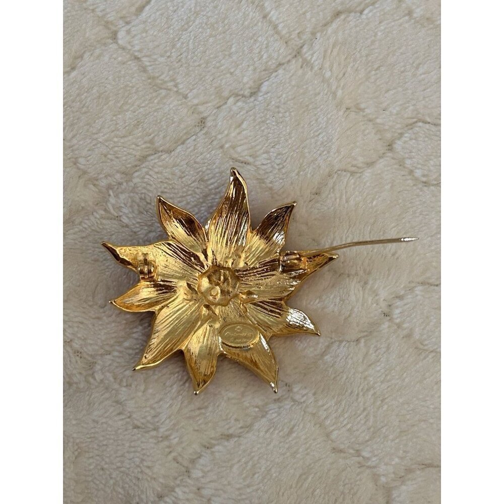 Poinsettia Christmas Holiday Brooch Christopher Radko Jeweled Enamel Pin Vtg - Picture 5 of 5